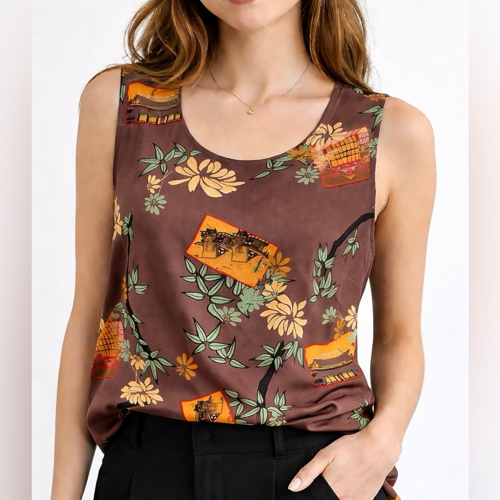 Vintage 100% Silk Tank Top Asian Inspired Print Brown Sleeveless Size M NWT